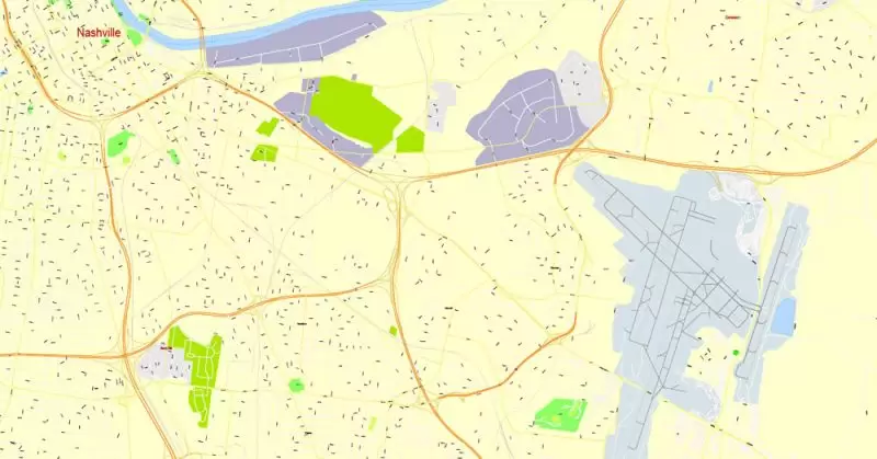 Printable Map Nashville, Tennessee, US, exact vector street G-View Level 17 (100 meters scale) map, V.16.12. fully editable, Adobe Illustrator, full vector, scalable, editable text format of street names, 9 Mb ZIP.