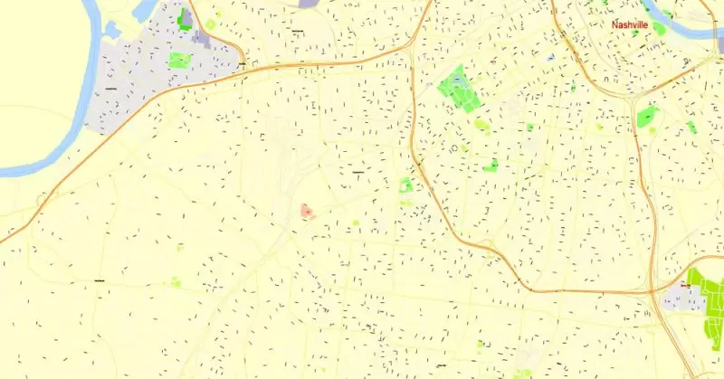 Printable Map Nashville, Tennessee, US, exact vector street G-View Level 17 (100 meters scale) map, V.16.12. fully editable, Adobe Illustrator, full vector, scalable, editable text format of street names, 9 Mb ZIP.