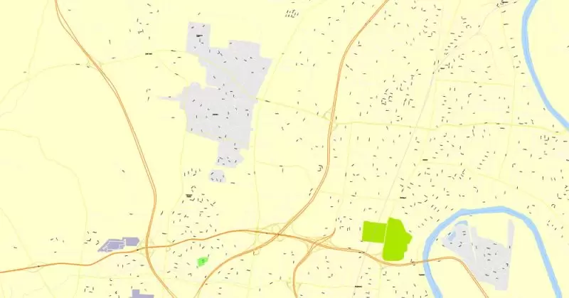 Printable Map Nashville, Tennessee, US, exact vector street G-View Level 17 (100 meters scale) map, V.16.12. fully editable, Adobe Illustrator, full vector, scalable, editable text format of street names, 9 Mb ZIP.
