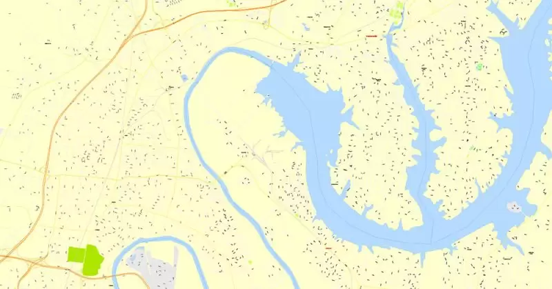 Printable Map Nashville, Tennessee, US, exact vector street G-View Level 17 (100 meters scale) map, V.16.12. fully editable, Adobe Illustrator, full vector, scalable, editable text format of street names, 9 Mb ZIP.