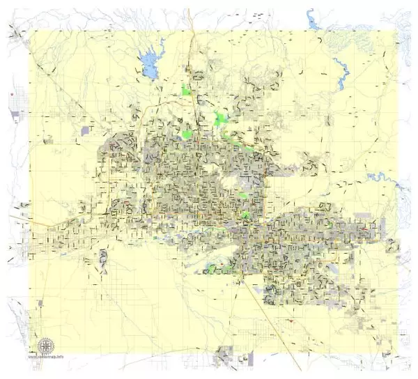 Printable Map Phoenix area, Arizona, exact vector street G-View Level 13 (2000 meters scale) map, V.12.12. fully editable, Adobe Illustrator, full vector, scalable, editable text format of street names, 11 Mb ZIP.