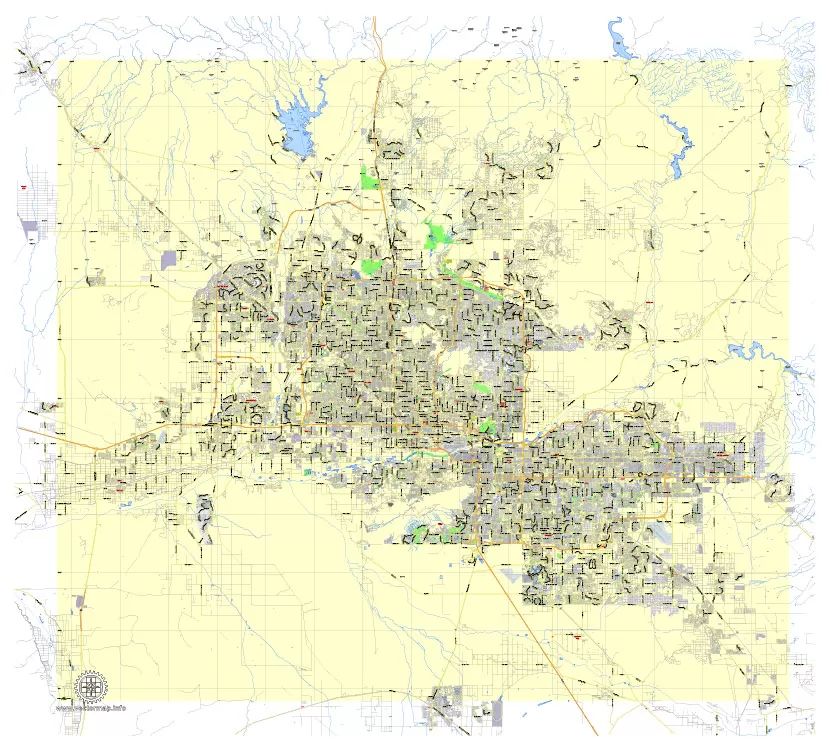 Printable Map Phoenix area, Arizona, exact vector street G-View Level 13 (2000 meters scale) map, V.12.12. fully editable, Adobe Illustrator, full vector, scalable, editable text format of street names, 11 Mb ZIP.
