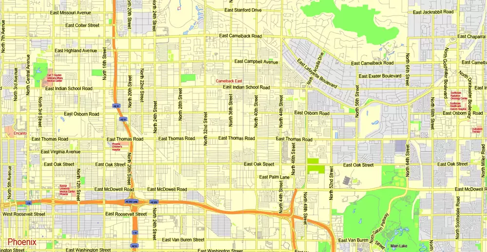 Printable Map Phoenix area, Arizona, exact vector street G-View Level 13 (2000 meters scale) map, V.12.12. fully editable, Adobe Illustrator, full vector, scalable, editable text format of street names, 11 Mb ZIP.