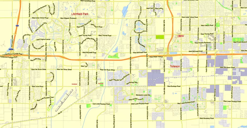 Printable Map Phoenix area, Arizona, exact vector street G-View Level 13 (2000 meters scale) map, V.12.12. fully editable, Adobe Illustrator, full vector, scalable, editable text format of street names, 11 Mb ZIP.