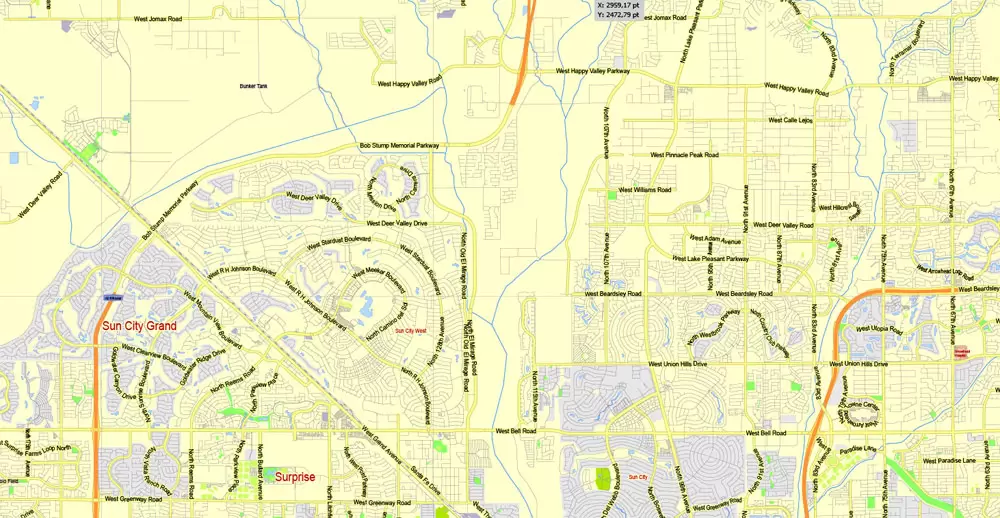 Printable Map Phoenix area, Arizona, exact vector street G-View Level 13 (2000 meters scale) map, V.12.12. fully editable, Adobe Illustrator, full vector, scalable, editable text format of street names, 11 Mb ZIP.