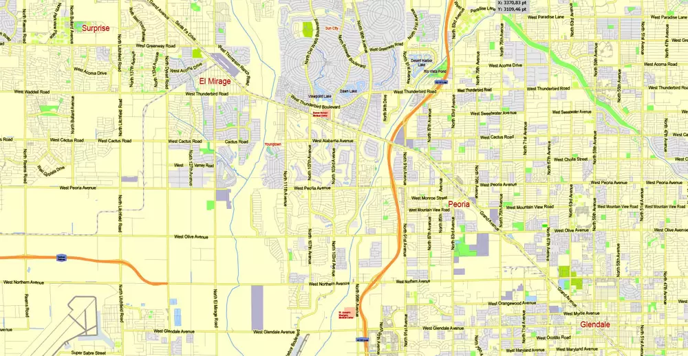 Printable Map Phoenix area, Arizona, exact vector street G-View Level 13 (2000 meters scale) map, V.12.12. fully editable, Adobe Illustrator, full vector, scalable, editable text format of street names, 11 Mb ZIP.