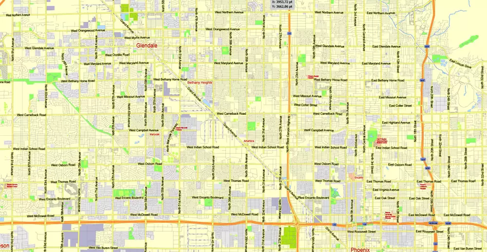 Printable Map Phoenix area, Arizona, exact vector street G-View Level 13 (2000 meters scale) map, V.12.12. fully editable, Adobe Illustrator, full vector, scalable, editable text format of street names, 11 Mb ZIP.