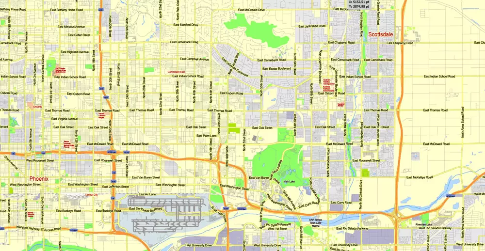Printable Map Phoenix area, Arizona, exact vector street G-View Level 13 (2000 meters scale) map, V.12.12. fully editable, Adobe Illustrator, full vector, scalable, editable text format of street names, 11 Mb ZIP.