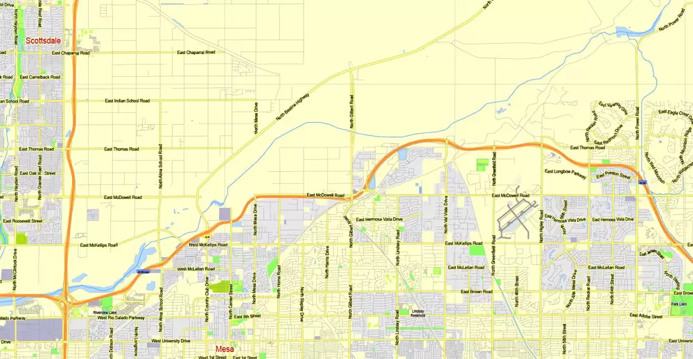 Printable Map Phoenix area, Arizona, exact vector street G-View Level 13 (2000 meters scale) map, V.12.12. fully editable, Adobe Illustrator, full vector, scalable, editable text format of street names, 11 Mb ZIP.