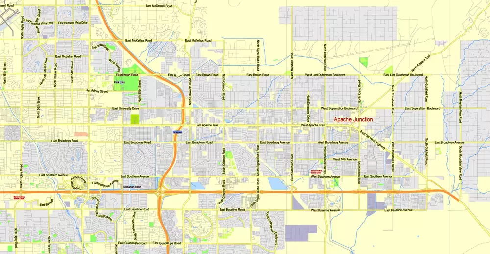 Printable Map Phoenix area, Arizona, exact vector street G-View Level 13 (2000 meters scale) map, V.12.12. fully editable, Adobe Illustrator, full vector, scalable, editable text format of street names, 11 Mb ZIP.