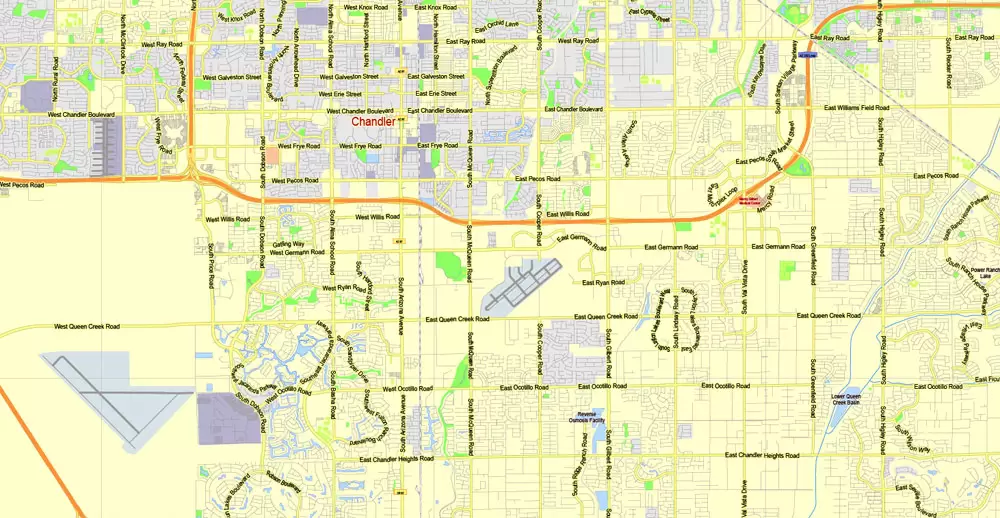 Printable Map Phoenix area, Arizona, exact vector street G-View Level 13 (2000 meters scale) map, V.12.12. fully editable, Adobe Illustrator, full vector, scalable, editable text format of street names, 11 Mb ZIP.