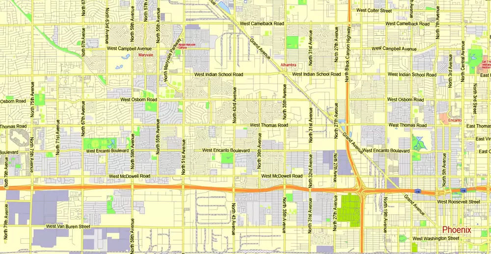 Printable Map Phoenix area, Arizona, exact vector street G-View Level 13 (2000 meters scale) map, V.12.12. fully editable, Adobe Illustrator, full vector, scalable, editable text format of street names, 11 Mb ZIP.