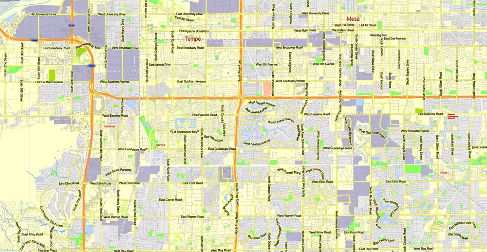 Printable Map Phoenix area, Arizona, exact vector street G-View Level 13 (2000 meters scale) map, V.12.12. fully editable, Adobe Illustrator, full vector, scalable, editable text format of street names, 11 Mb ZIP.