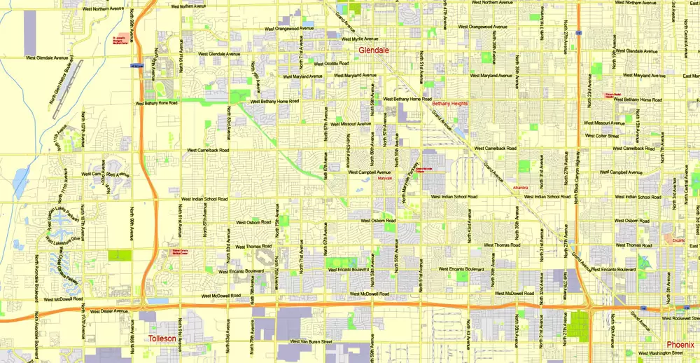 Printable Map Phoenix area, Arizona, exact vector street G-View Level 13 (2000 meters scale) map, V.12.12. fully editable, Adobe Illustrator, full vector, scalable, editable text format of street names, 11 Mb ZIP.