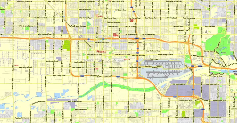 Printable Map Phoenix area, Arizona, exact vector street G-View Level 13 (2000 meters scale) map, V.12.12. fully editable, Adobe Illustrator, full vector, scalable, editable text format of street names, 11 Mb ZIP.