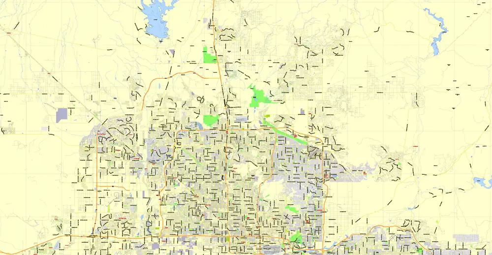 Printable Map Phoenix area, Arizona, exact vector street G-View Level 13 (2000 meters scale) map, V.12.12. fully editable, Adobe Illustrator, full vector, scalable, editable text format of street names, 11 Mb ZIP.