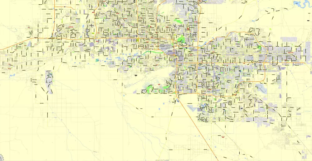 Phoenix metro area PDF Map, Arizona, exact vector street G-View Level 13 (2000 meters scale) map, V.12.12. fully editable, Adobe PDF