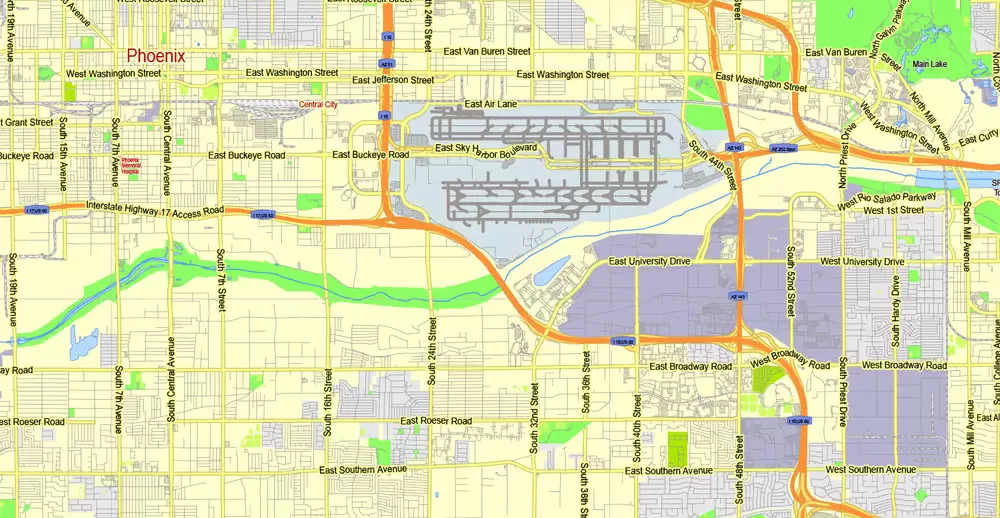 Printable Map Phoenix area, Arizona, exact vector street G-View Level 13 (2000 meters scale) map, V.12.12. fully editable, Adobe Illustrator, full vector, scalable, editable text format of street names, 11 Mb ZIP.