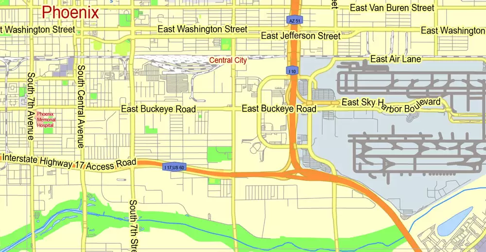 Printable Map Phoenix area, Arizona, exact vector street G-View Level 13 (2000 meters scale) map, V.12.12. fully editable, Adobe Illustrator, full vector, scalable, editable text format of street names, 11 Mb ZIP.