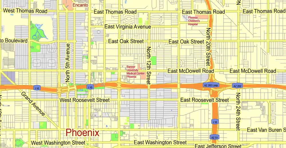 Printable Map Phoenix area, Arizona, exact vector street G-View Level 13 (2000 meters scale) map, V.12.12. fully editable, Adobe Illustrator, full vector, scalable, editable text format of street names, 11 Mb ZIP.