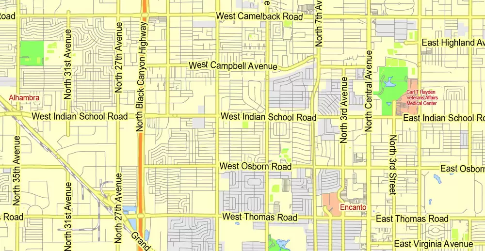 Printable Map Phoenix area, Arizona, exact vector street G-View Level 13 (2000 meters scale) map, V.12.12. fully editable, Adobe Illustrator, full vector, scalable, editable text format of street names, 11 Mb ZIP.