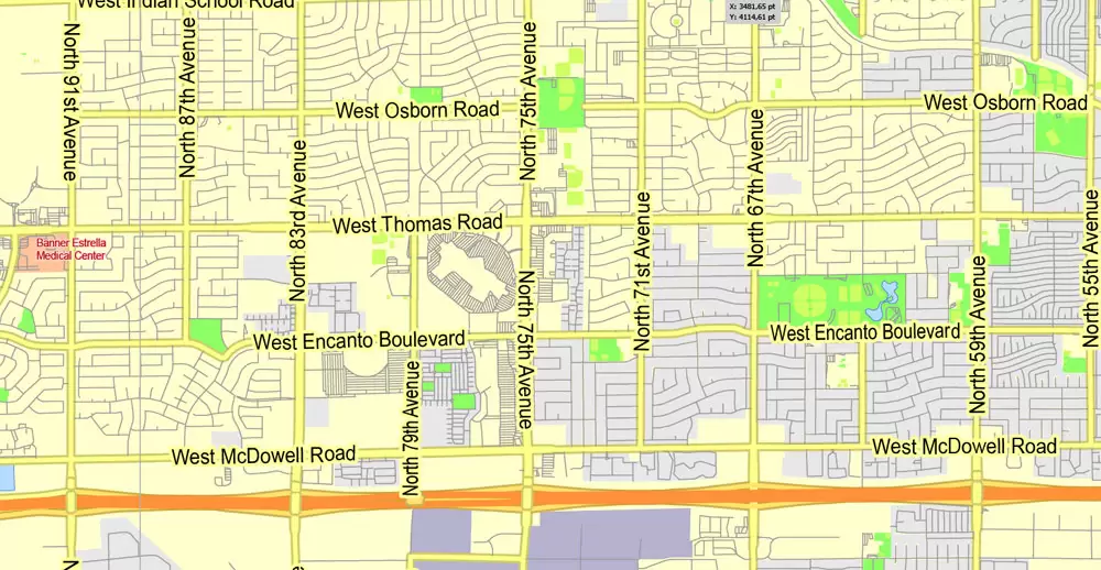 Printable Map Phoenix area, Arizona, exact vector street G-View Level 13 (2000 meters scale) map, V.12.12. fully editable, Adobe Illustrator, full vector, scalable, editable text format of street names, 11 Mb ZIP.