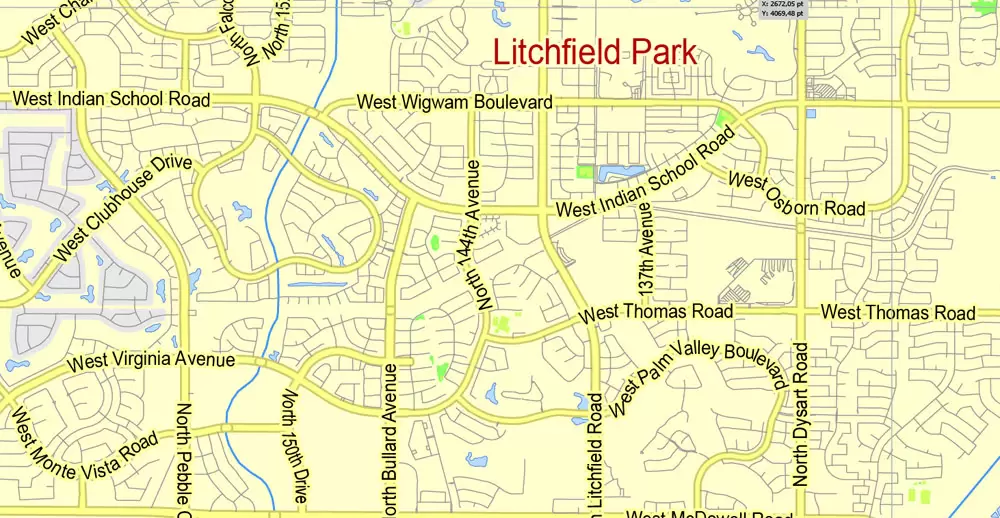 Printable Map Phoenix area, Arizona, exact vector street G-View Level 13 (2000 meters scale) map, V.12.12. fully editable, Adobe Illustrator, full vector, scalable, editable text format of street names, 11 Mb ZIP.