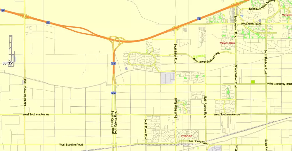 Printable Map Phoenix area, Arizona, exact vector street G-View Level 13 (2000 meters scale) map, V.12.12. fully editable, Adobe Illustrator, full vector, scalable, editable text format of street names, 11 Mb ZIP.
