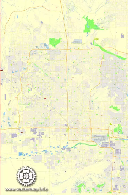 Printable Map Phoenix, Arizona, exact vector street G-View Level 17 (100 meters scale) map, V.12.12. fully editable, Adobe Illustrator, full vector, scalable, editable text format of street names, 19 Mb ZIP.