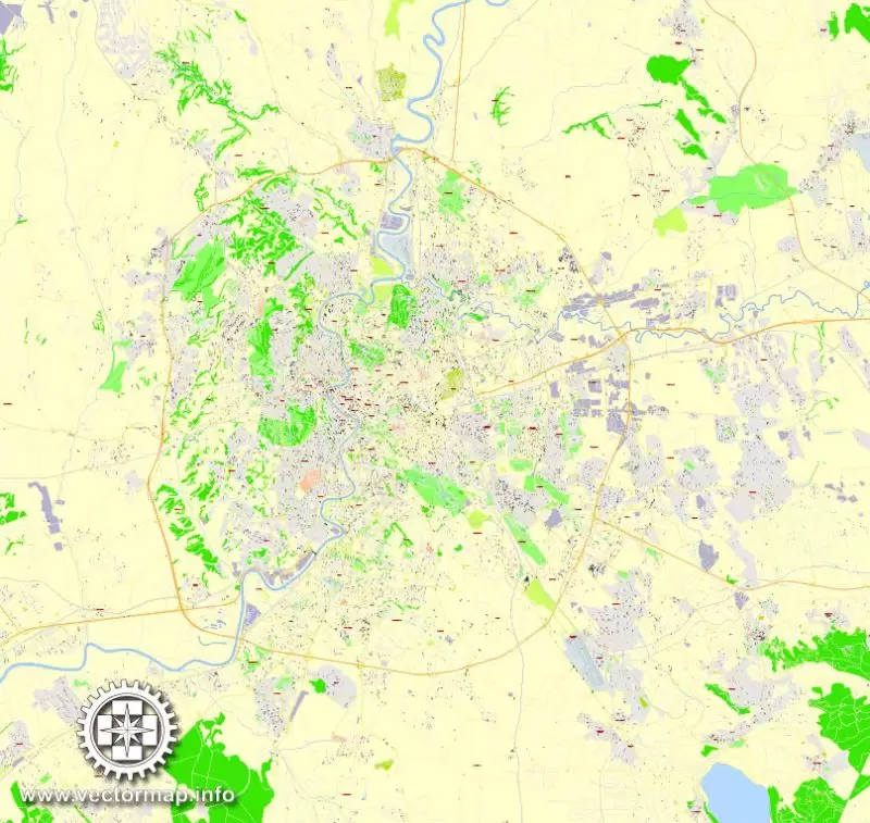 Rome PDF Map, Italy, exact vector street G-View Level 17 (100 meters scale) map, V.14.12. fully editable, Plan de Rome Adobe PDF