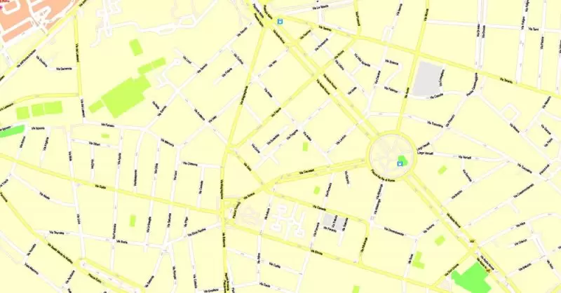 Printable Map Rome, Italy, exact vector street G-View Level 17 (100 meters scale) map, V.14.12. fully editable, Adobe Illustrator, full vector, scalable, editable text format of street names, 14 Mb ZIP.