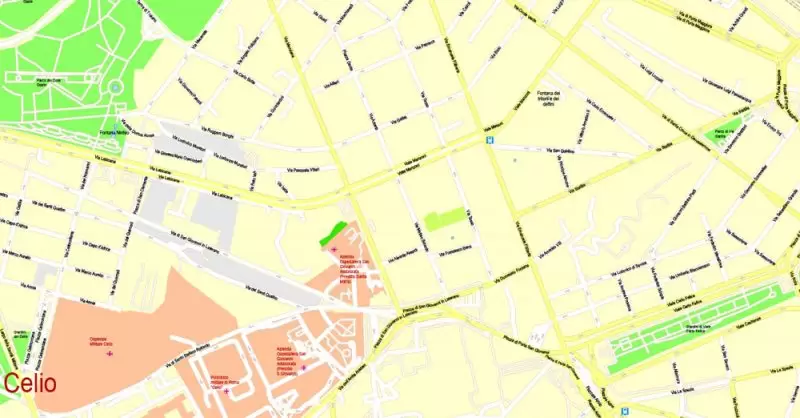 Printable Map Rome, Italy, exact vector street G-View Level 17 (100 meters scale) map, V.14.12. fully editable, Adobe Illustrator, full vector, scalable, editable text format of street names, 14 Mb ZIP.