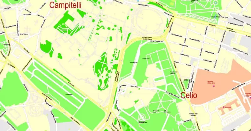 Printable Map Rome, Italy, exact vector street G-View Level 17 (100 meters scale) map, V.14.12. fully editable, Adobe Illustrator, full vector, scalable, editable text format of street names, 14 Mb ZIP.