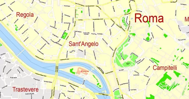 Printable Map Rome, Italy, exact vector street G-View Level 17 (100 meters scale) map, V.14.12. fully editable, Adobe Illustrator, full vector, scalable, editable text format of street names, 14 Mb ZIP.