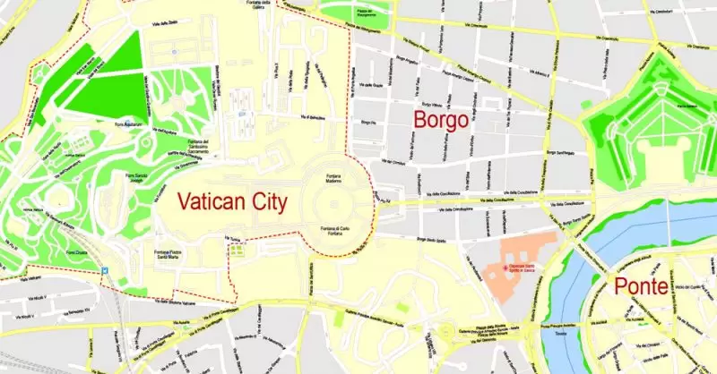 Printable Map Rome, Italy, exact vector street G-View Level 17 (100 meters scale) map, V.14.12. fully editable, Adobe Illustrator, full vector, scalable, editable text format of street names, 14 Mb ZIP.