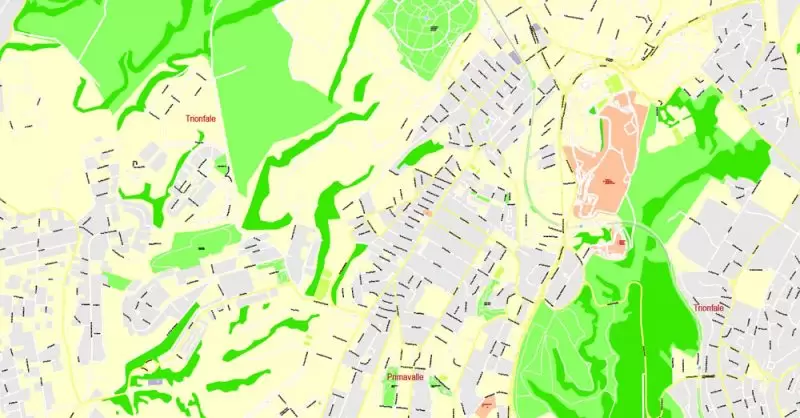 Printable Map Rome, Italy, exact vector street G-View Level 17 (100 meters scale) map, V.14.12. fully editable, Adobe Illustrator, full vector, scalable, editable text format of street names, 14 Mb ZIP.