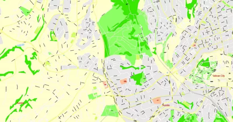 Printable Map Rome, Italy, exact vector street G-View Level 17 (100 meters scale) map, V.14.12. fully editable, Adobe Illustrator, full vector, scalable, editable text format of street names, 14 Mb ZIP.