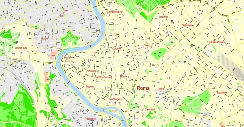 Printable Map Rome, Italy, exact vector street G-View Level 17 (100 meters scale) map, V.14.12. fully editable, Adobe Illustrator, full vector, scalable, editable text format of street names, 14 Mb ZIP.