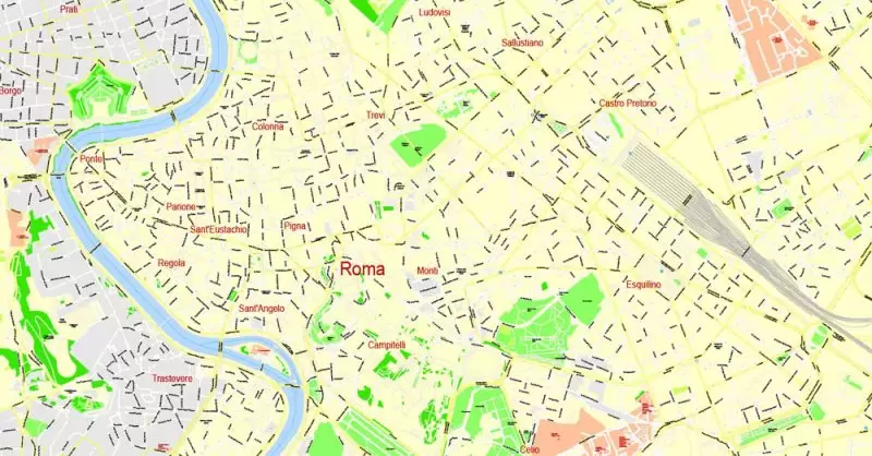 Printable Map Rome, Italy, exact vector street G-View Level 17 (100 meters scale) map, V.14.12. fully editable, Adobe Illustrator, full vector, scalable, editable text format of street names, 14 Mb ZIP.