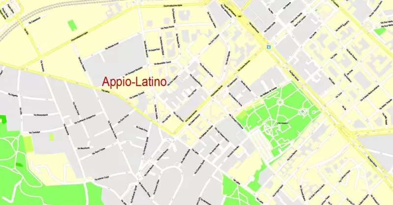 Printable Map Rome, Italy, exact vector street G-View Level 17 (100 meters scale) map, V.14.12. fully editable, Adobe Illustrator, full vector, scalable, editable text format of street names, 14 Mb ZIP.