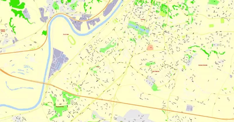 Printable Map Rome, Italy, exact vector street G-View Level 17 (100 meters scale) map, V.14.12. fully editable, Adobe Illustrator, full vector, scalable, editable text format of street names, 14 Mb ZIP.