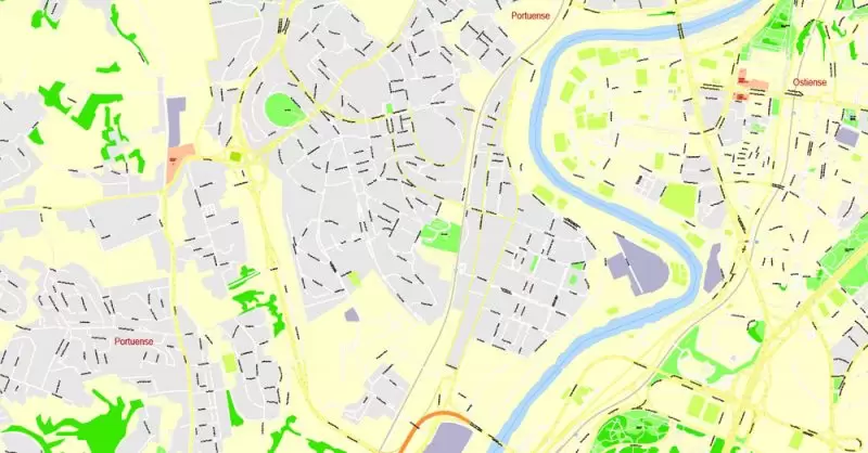 Printable Map Rome, Italy, exact vector street G-View Level 17 (100 meters scale) map, V.14.12. fully editable, Adobe Illustrator, full vector, scalable, editable text format of street names, 14 Mb ZIP.