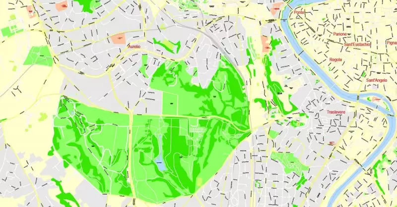 Printable Map Rome, Italy, exact vector street G-View Level 17 (100 meters scale) map, V.14.12. fully editable, Adobe Illustrator, full vector, scalable, editable text format of street names, 14 Mb ZIP.
