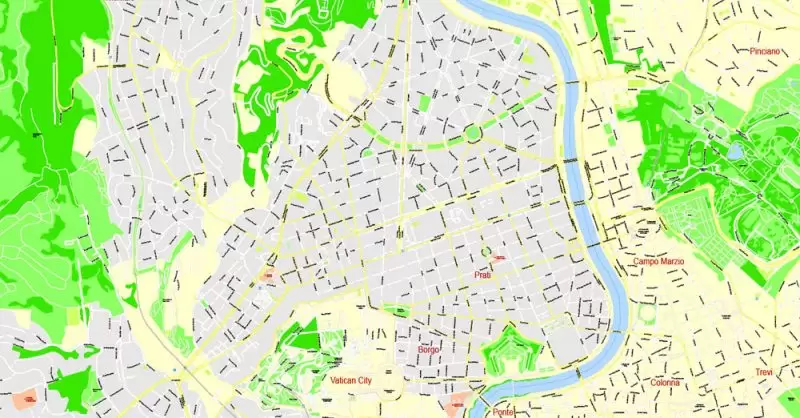 Printable Map Rome, Italy, exact vector street G-View Level 17 (100 meters scale) map, V.14.12. fully editable, Adobe Illustrator, full vector, scalable, editable text format of street names, 14 Mb ZIP.