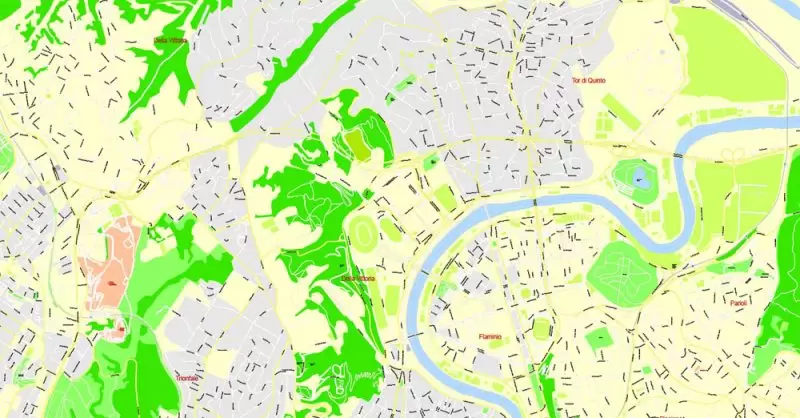 Printable Map Rome, Italy, exact vector street G-View Level 17 (100 meters scale) map, V.14.12. fully editable, Adobe Illustrator, full vector, scalable, editable text format of street names, 14 Mb ZIP.