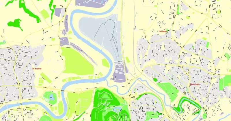 Printable Map Rome, Italy, exact vector street G-View Level 17 (100 meters scale) map, V.14.12. fully editable, Adobe Illustrator, full vector, scalable, editable text format of street names, 14 Mb ZIP.