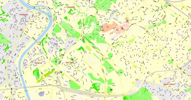 Printable Map Rome, Italy, exact vector street G-View Level 17 (100 meters scale) map, V.14.12. fully editable, Adobe Illustrator, full vector, scalable, editable text format of street names, 14 Mb ZIP.