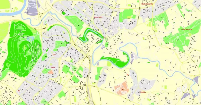 Printable Map Rome, Italy, exact vector street G-View Level 17 (100 meters scale) map, V.14.12. fully editable, Adobe Illustrator, full vector, scalable, editable text format of street names, 14 Mb ZIP.