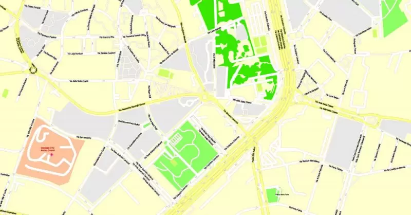Printable Map Rome, Italy, exact vector street G-View Level 17 (100 meters scale) map, V.14.12. fully editable, Adobe Illustrator, full vector, scalable, editable text format of street names, 14 Mb ZIP.