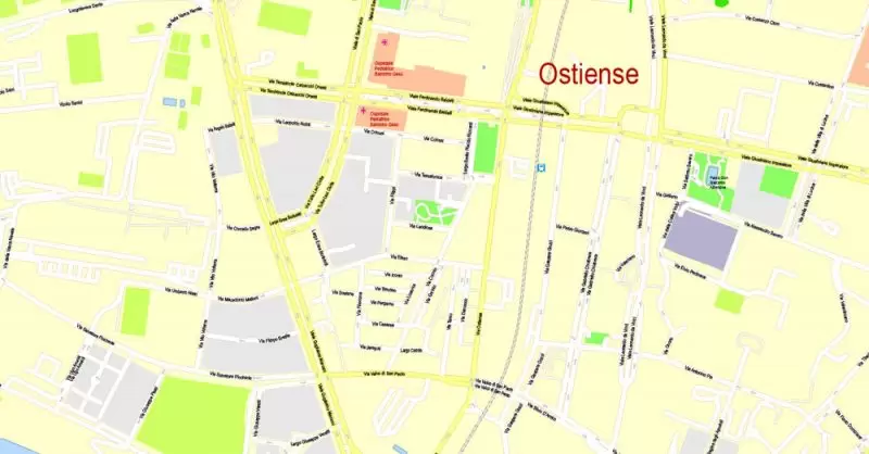 Printable Map Rome, Italy, exact vector street G-View Level 17 (100 meters scale) map, V.14.12. fully editable, Adobe Illustrator, full vector, scalable, editable text format of street names, 14 Mb ZIP.